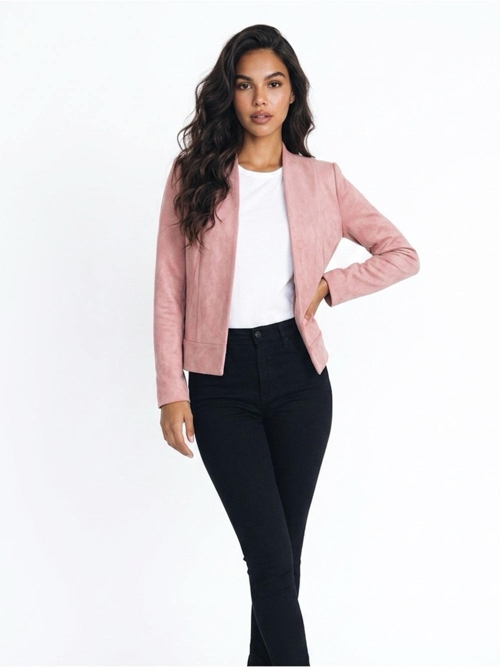 Tahari Arthur S. Levine Pink Faux Suede Open Front Blazer Jacket Petite 8P